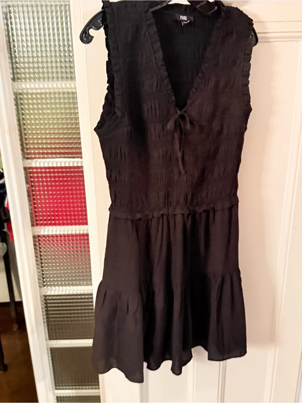 Paige Fraise Sleeveless Smocked Mini Dress Black Tie Front Lined Size L  NWOT